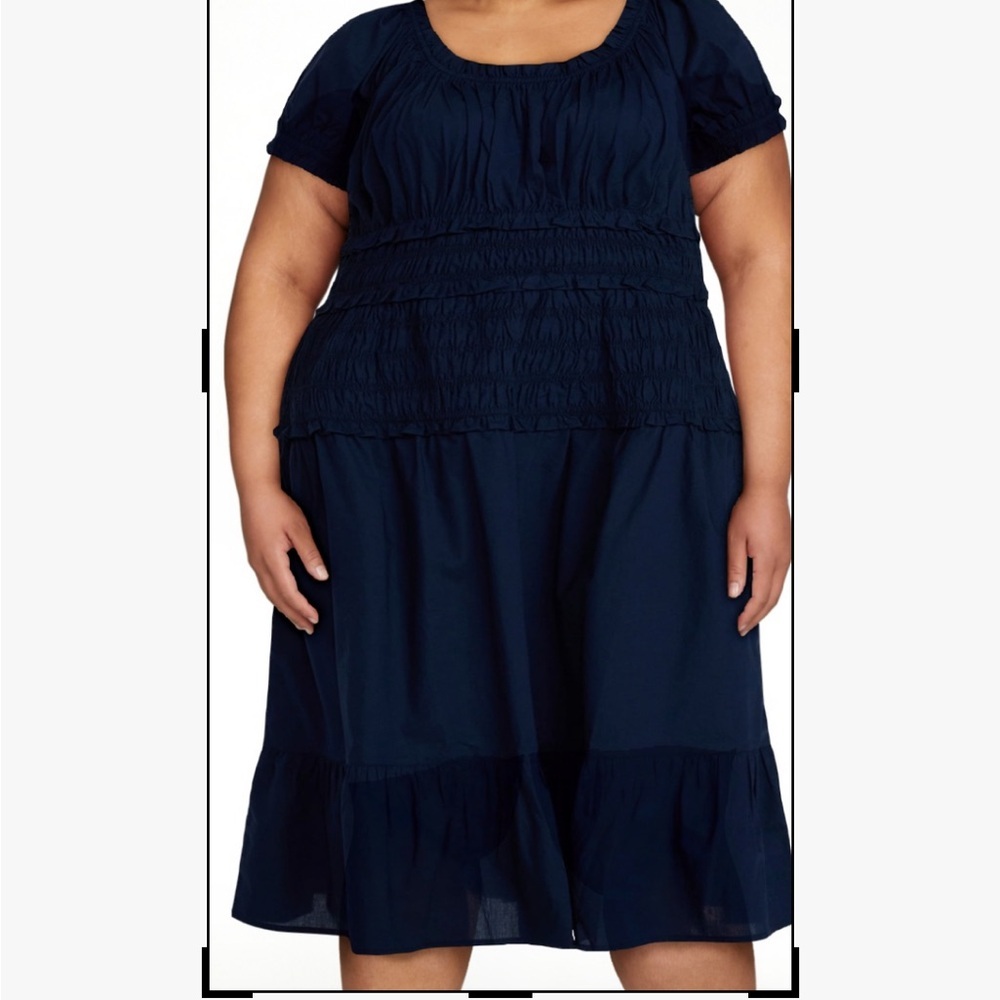 Time and Tru Navy Smocked Tiered Midi Dress with Short Sleeves